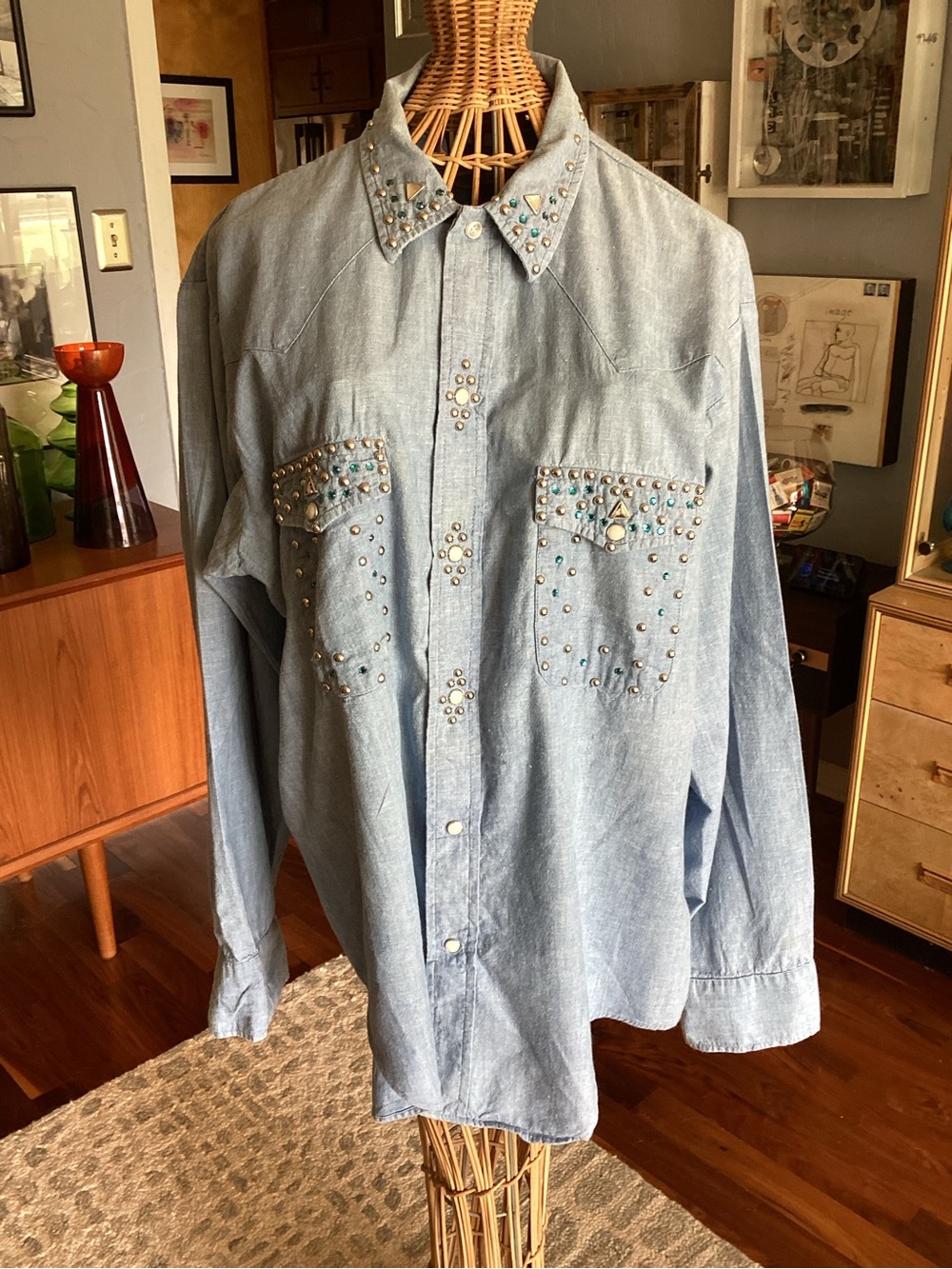 Vintage Pearl Snap Chambray Western Shirt Embellished 90’s